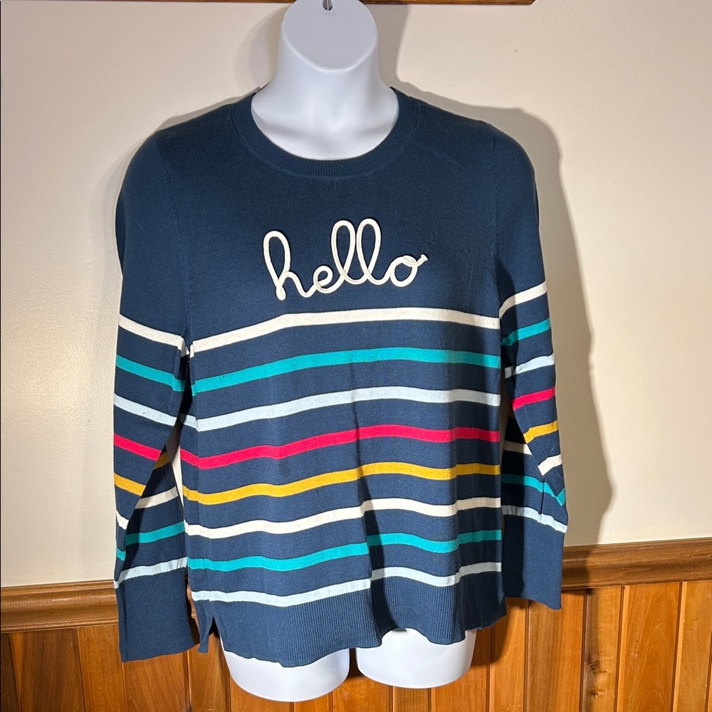 Striped Navy Sweater with 'Hello' Embroidery  Size XXL